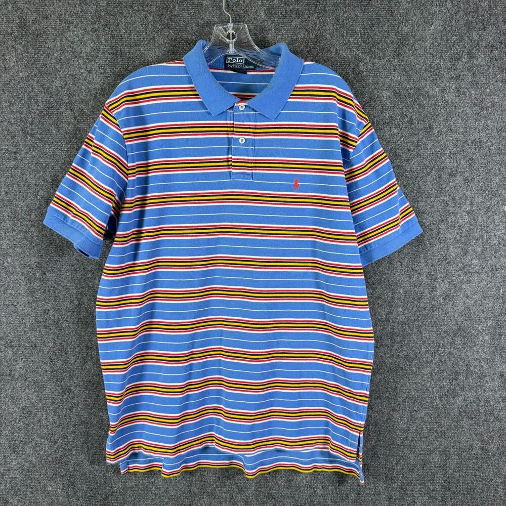 Vintage Polo Ralph Lauren Polo Shirt Mens XL Blue Multicolor Stripe Cotton Pony